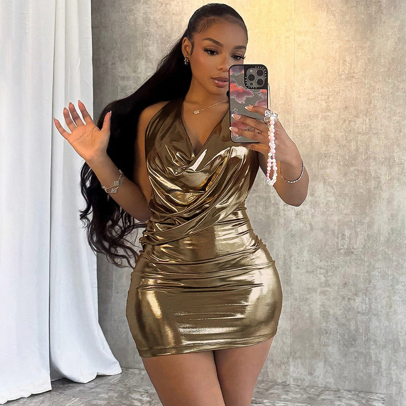 Metallic glossy sleeveless halter dress with swing collar and backless sheath design by Bella Mia, featuring a sexy, form-fitting silhouette.