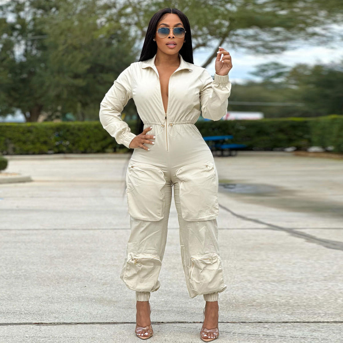Arrival Women waist cargo overalls featuring a metal zipper and bread bag pockets, casual trousers by Plush Fashion Hub.