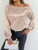 White satin long sleeve shirt for women, Bella Mia summer tops, elegant satin blouse with a relaxed fit.