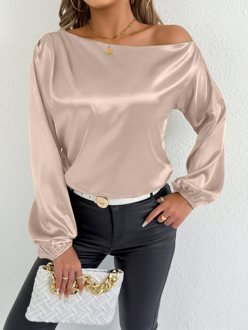 White satin long sleeve shirt for women, Bella Mia summer tops, elegant satin blouse with a relaxed fit.