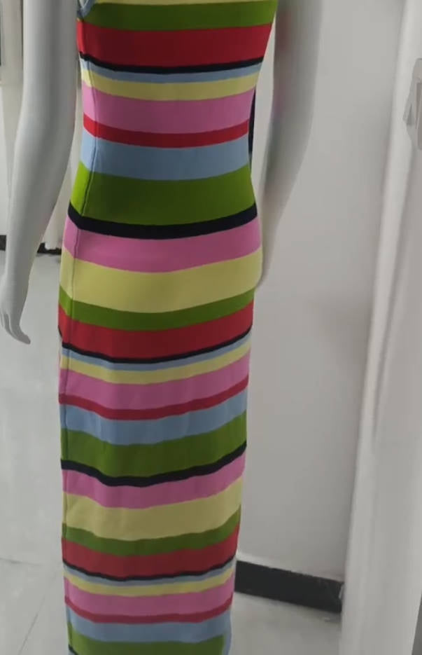 Slimming sleeveless rainbow striped knitted maxi dress for women, casual style with a fitted waist by Plush Fashion Hub.