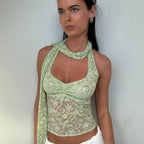Bella Mia women's summer lace halterneck vest top with see-through fabric and decorative ribbon, perfect for warm-weather fashion.