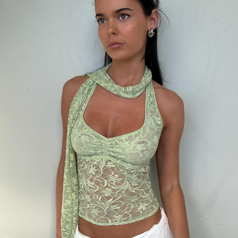 Bella Mia women's summer lace halterneck vest top with see-through fabric and decorative ribbon, perfect for warm-weather fashion.