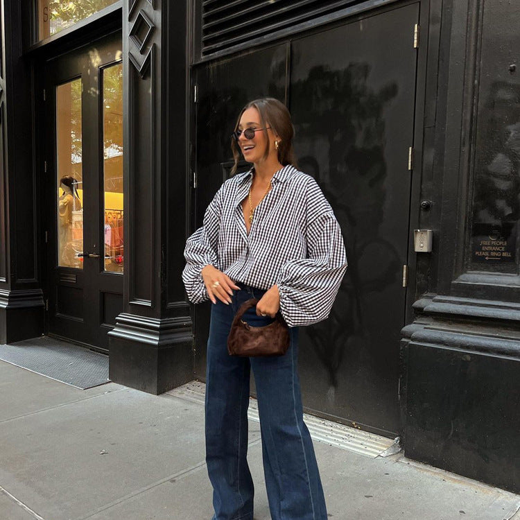 Women Autumn Winter Long Sleeved Plaid Shirt Office Top Shirt Women Bella Mia