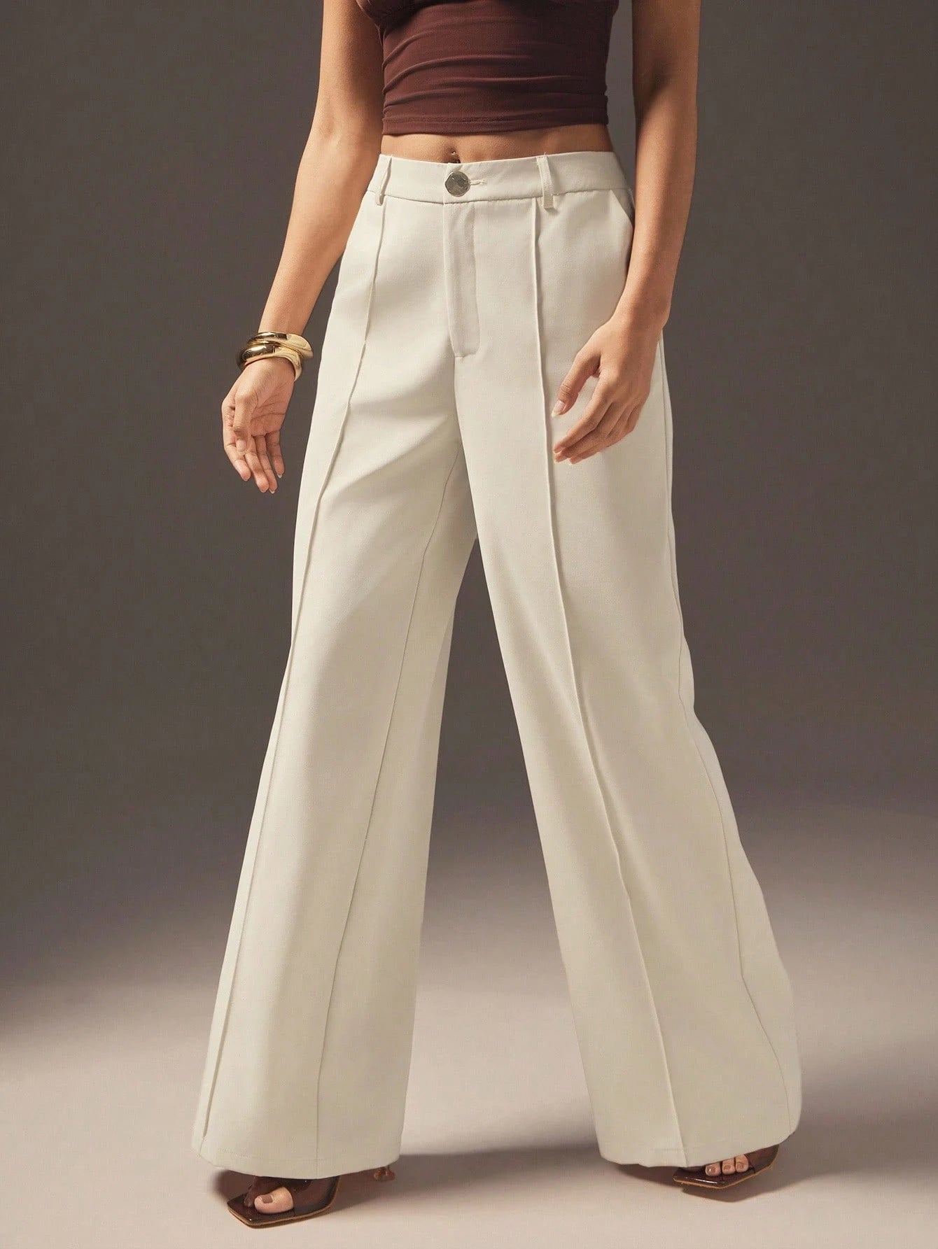 Apricot high waist slimming women’s pants with wide leg, casual draping, and autumn winter style, from Plush Fashion Hub