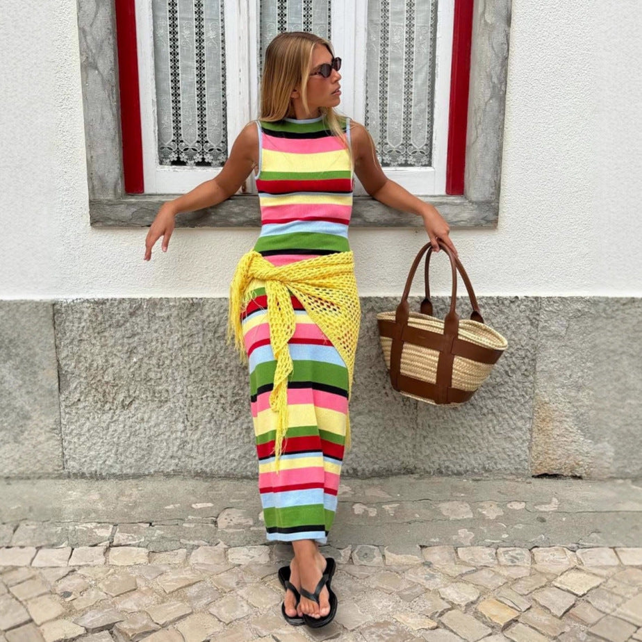 Slimming sleeveless rainbow striped knitted maxi dress for women, casual fit with a fitted waist by Plush Fashion Hub.