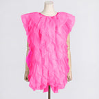 See-through sleeveless dress with asymmetric ruffled stitching and organza fabric, designed by Plush Fashion Hub.