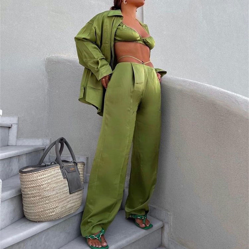 Sexy women’s spring summer satin three-piece suit with shirt, vest, and straight-leg pants, perfect for casual vacation wear.