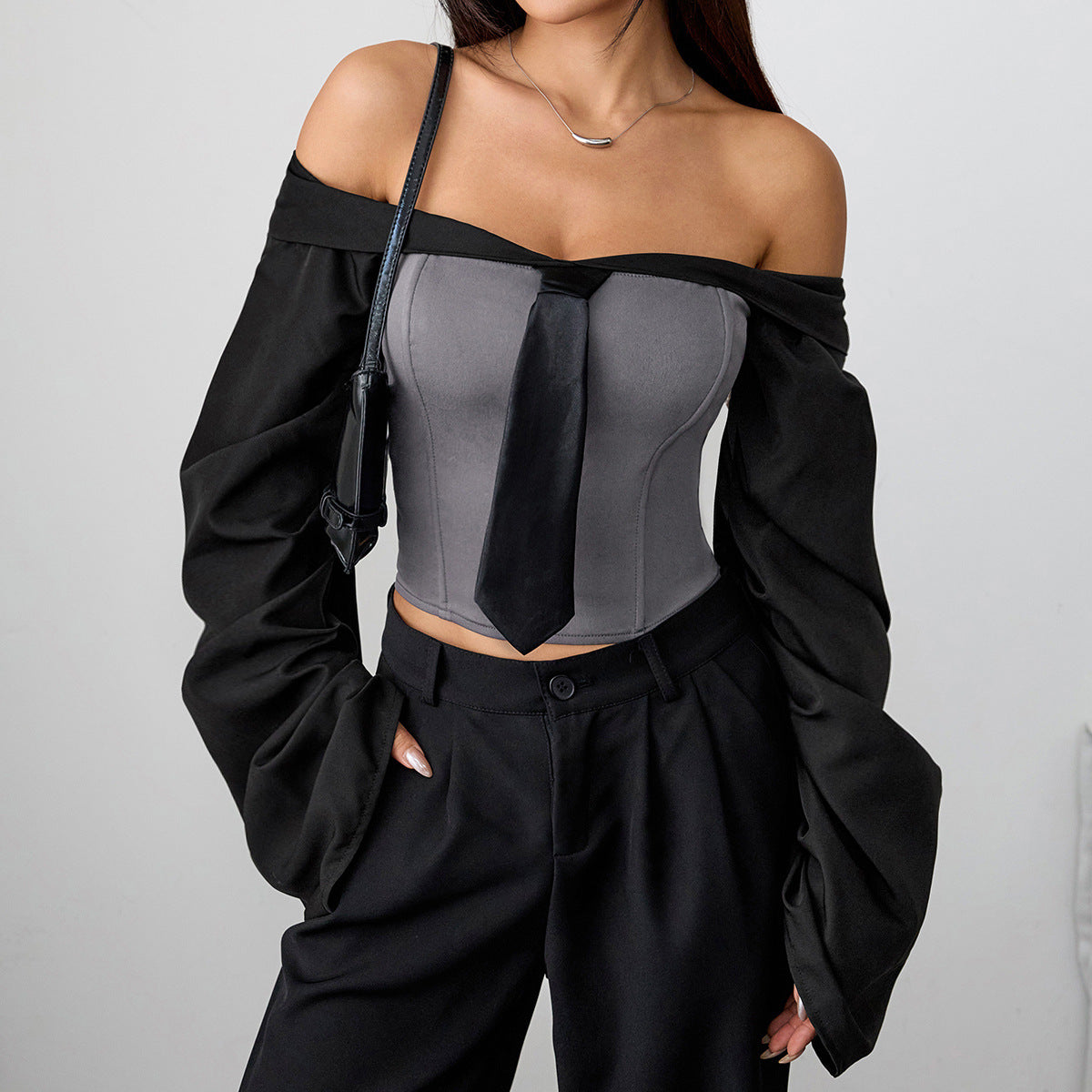 Sexy Sexy Long Sleeved Tube Top Women Fall Slim Fit Tie Wrapped Chest Boning Corset Design Short Top Bella Mia