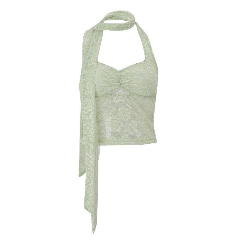 Women’s summer lace halterneck vest top with see-through fabric and decorative ribbon, by Bella Mia.