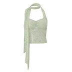 Women’s summer lace halterneck vest top with see-through fabric and decorative ribbon, by Bella Mia.