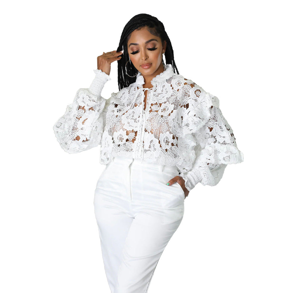 Women’s Bella Mia lace-up cardigan with hollow out cutouts, lantern sleeves, and flounce trim, styled as stylish outerwear.
