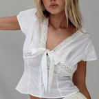 Bella Mia women's summer V-neck short sleeve T-shirt with bow bandage design, stylish and sexy top for warm weather.