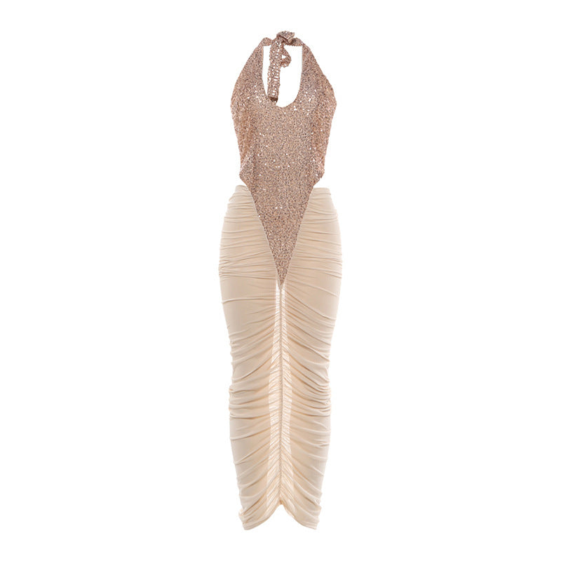 Bella Mia women's ruffle hip dress with see-through mesh, sequined stitching, and a stylish autumn winter fashion look.