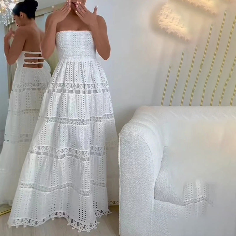 Plush Fashion Hub casual maxi dress for women with embroidery, hollow out cutout, and tube top design, perfect for spring.