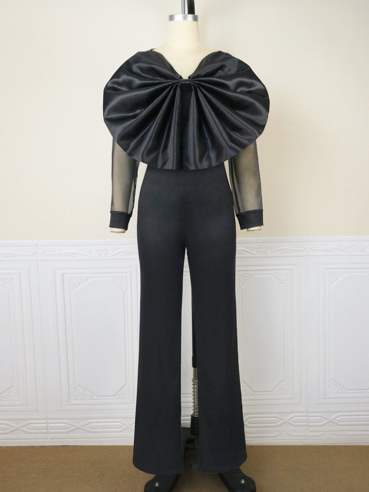 Plush Fashion Hub spring V-neck transparent yarn long sleeve high waist casual office jumpsuit for women, front view.