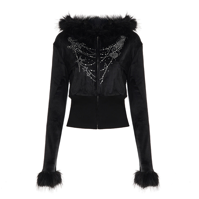 Bella Mia casual furry long-sleeved zipper sweater coat with letter graphic rhinestones and matching sweatpants two-piece set.