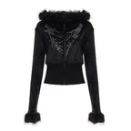Bella Mia casual furry long-sleeved zipper sweater coat with letter graphic rhinestones and matching sweatpants two-piece set.