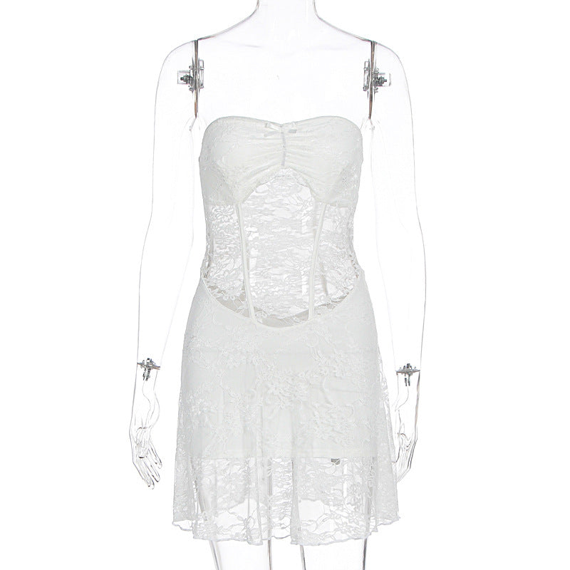Summer women's see-through lace stitching tube top dress, slim fit and sexy, from Plush Fashion Hub.