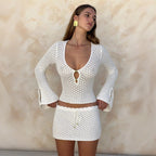 Plush Fashion Hub solid color knitted beach skirt bikini top set for women, sun protection, stylish and comfortable beachwear.