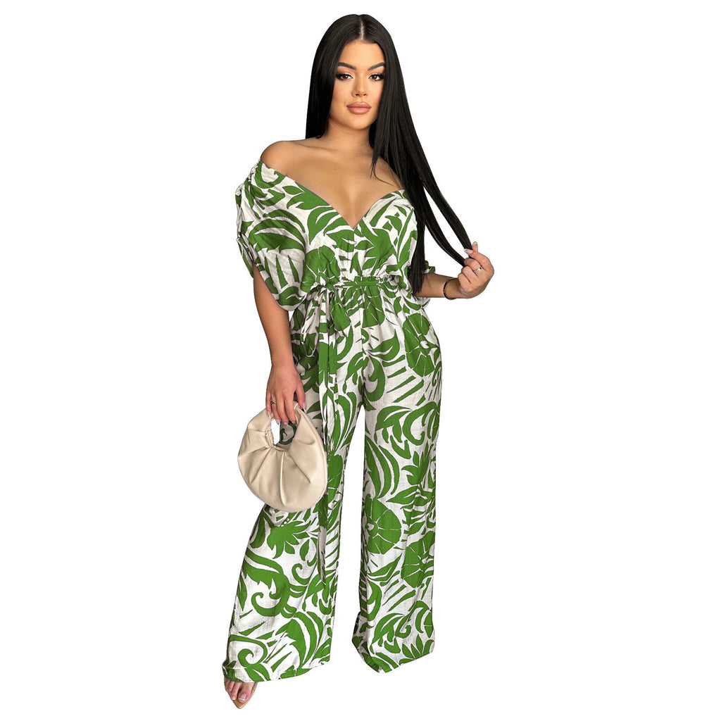 Women’s printed off-shoulder batwing sleeve wide-leg jumpsuit by Bella Mia, featuring a stylish and comfortable design.