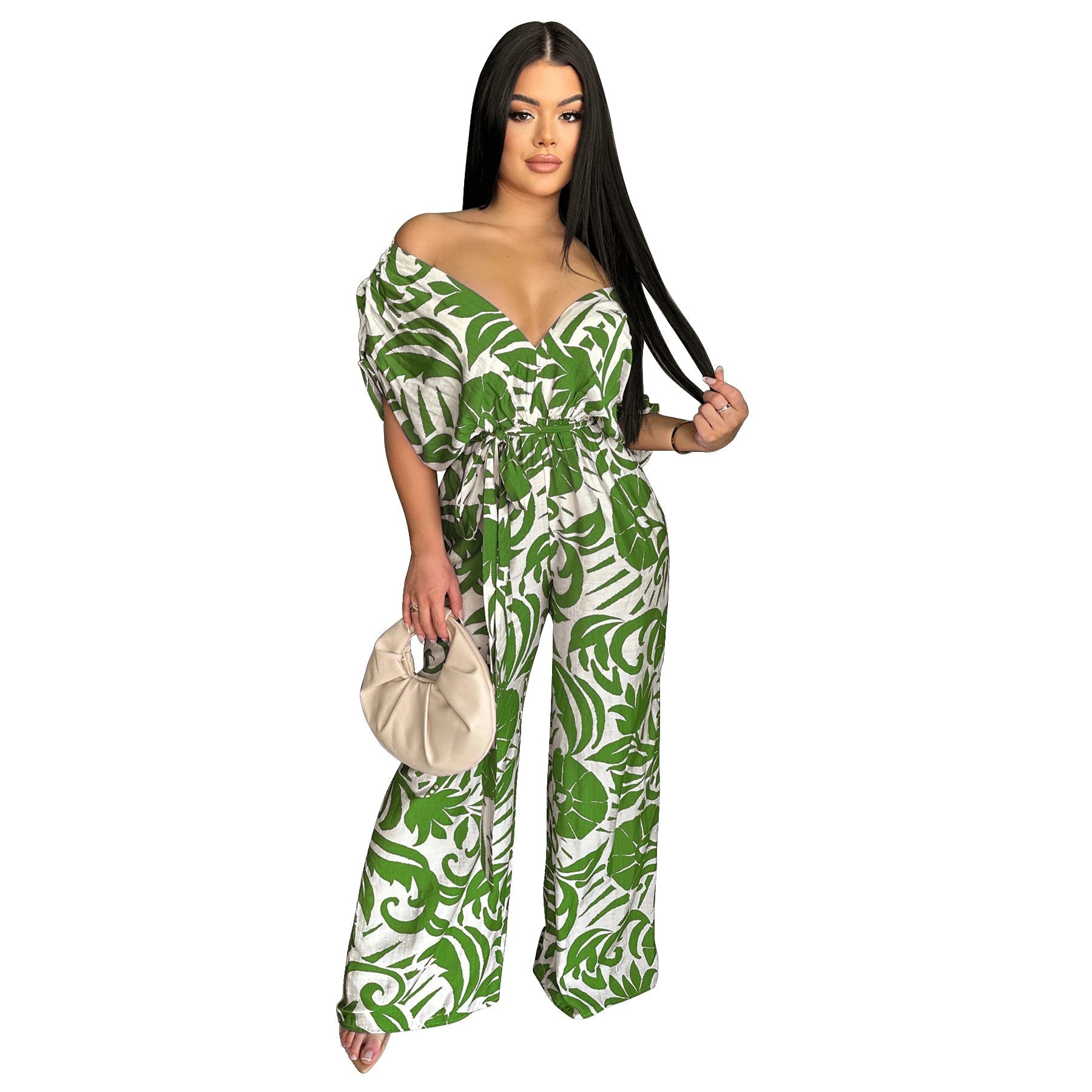 Women’s printed off-shoulder batwing sleeve wide-leg jumpsuit by Bella Mia, featuring a stylish and comfortable design.