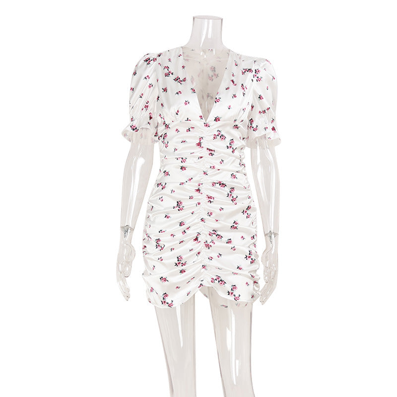 Women’s floral puff sleeve V-neck dress by Bella Mia, slim fit with short length and sexy style perfect for summer.