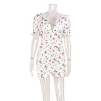 Women’s floral puff sleeve V-neck dress by Bella Mia, slim fit with short length and sexy style perfect for summer.