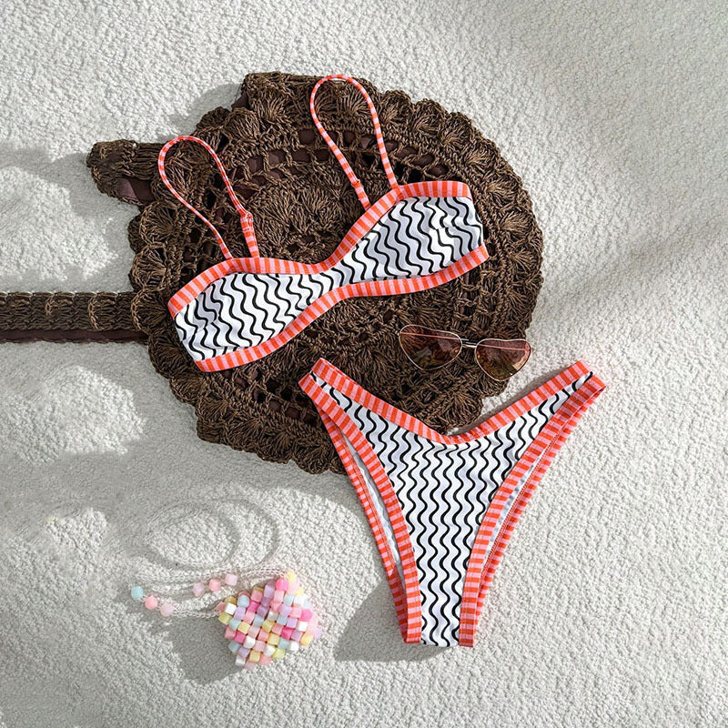 Bella Mia printed strap bikini two-piece swimsuit with ring details, perfect for beach and seaside spring swimming.