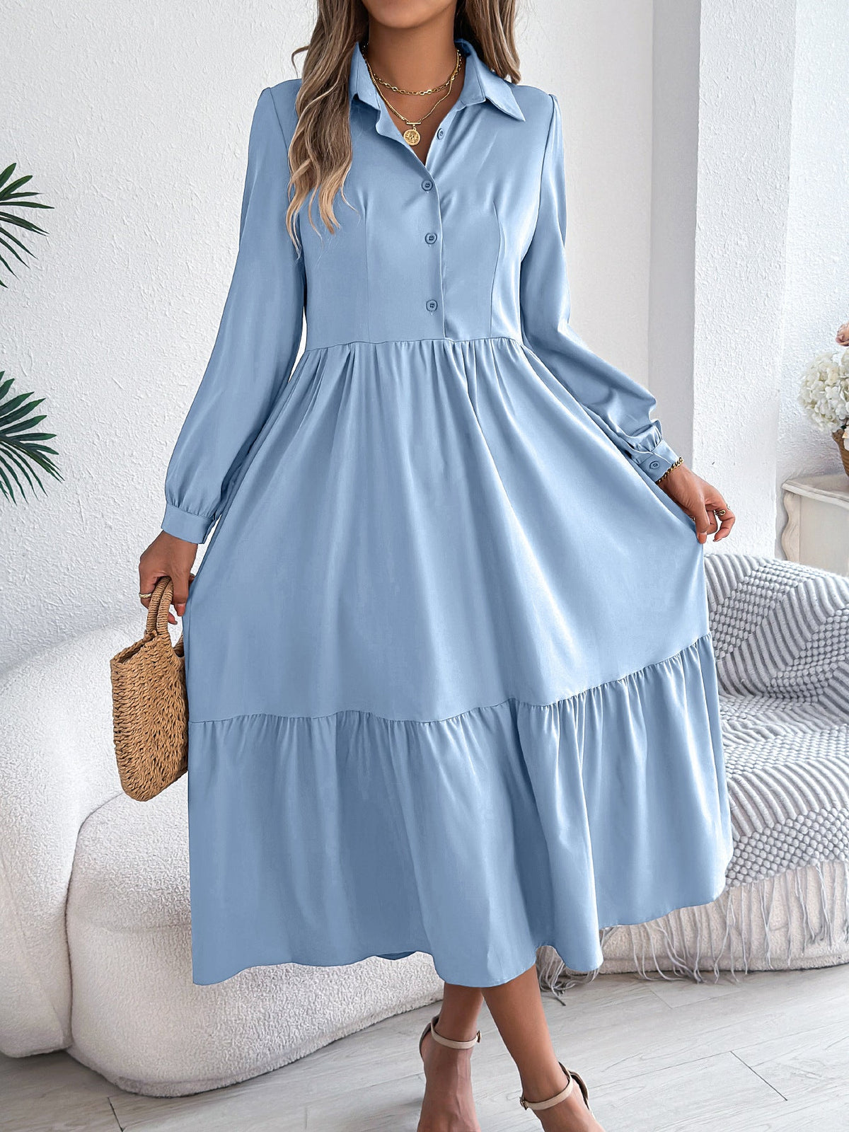 Casual long sleeve ruffled shirt dress for women with a collar, in autumn winter style, by Plush Fashion Hub.