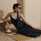 Plush Fashion Hub strap maxi dress with halter neckline, fishtail design, polka dot pattern, perfect for summer wear.
