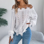 Bella Mia women's long sleeve hollow out cutout shoulder pullover sweater in solid autumn winter colors, outerwear for women.
