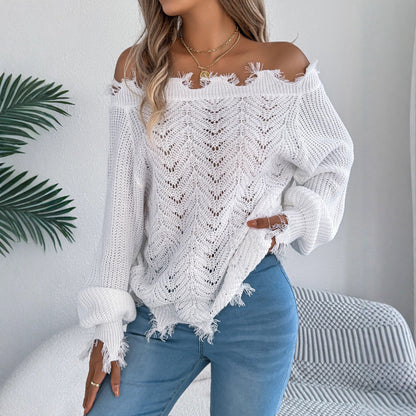 Autumn Winter Solid Color Hollow Out Cutout out Long Sleeve Cut off Shoulder Pullover Sweater Women Clothing Bella Mia