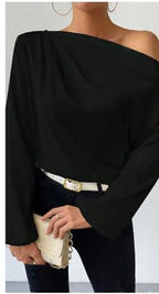 Bella Mia women's long sleeve satin pullover top with oblique shoulder design and asymmetric long sleeve style.