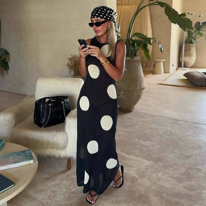 Plush Fashion Hub women's autumn winter polka dot knitted maxi dress, see-through bohemian casual slimming beach dress.