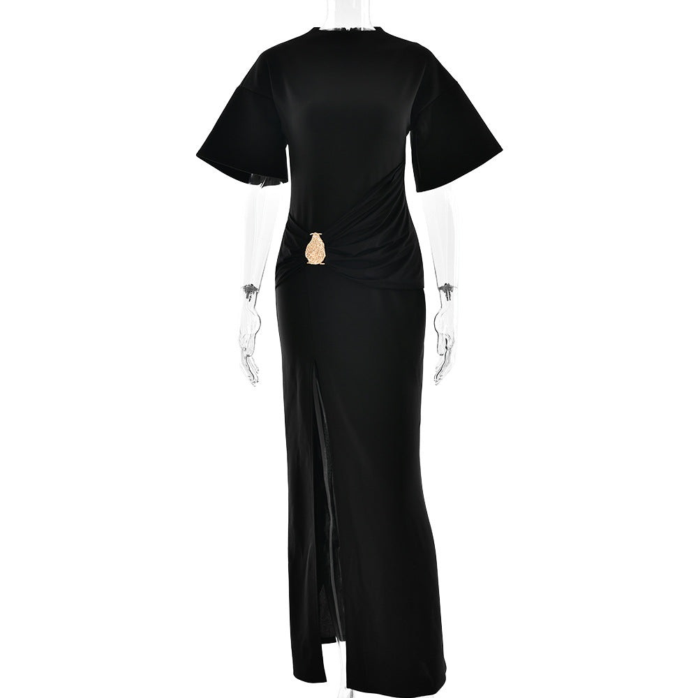 Arrival Pleated round Neck Dress Women Sexy High Split Hip Bag Dress Bella Mia