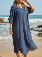 Women’s summer beach cover-up dress by Plush Fashion Hub featuring a V-neck, loose fit, casual style, and side slit detail.