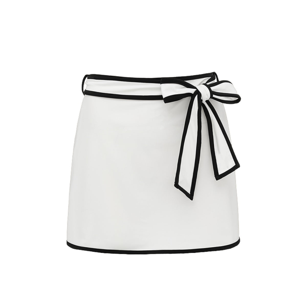 Black and white matching swimsuit bottoms with a bow, featuring a white skirt detail, designed for women by Plush Fashion Hub.