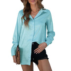 Women’s long sleeve satin top with autumn gravel pattern by Bella Mia, loose fit, stylish shirt perfect for fall wear.