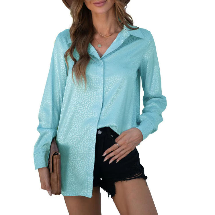 Women’s long sleeve satin top with autumn gravel pattern by Bella Mia, loose fit, stylish shirt perfect for fall wear.