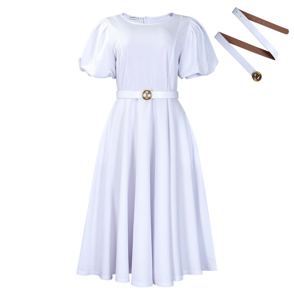 Women’s high waist dress with puff sleeves and round neckline from Plush Fashion Shop, featuring a stylish and comfortable fit.