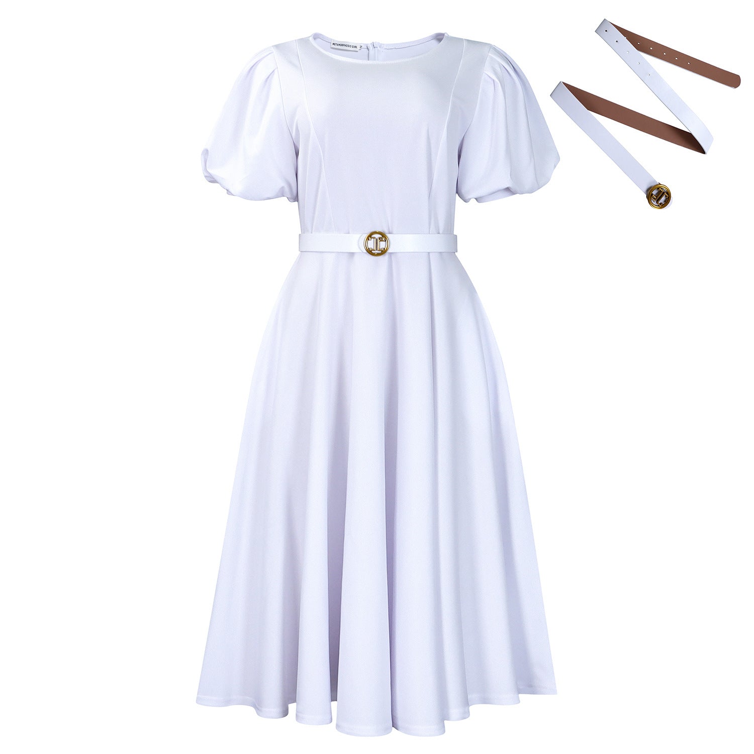 Women’s high waist dress with puff sleeves and round neckline from Plush Fashion Shop, featuring a stylish and comfortable fit.