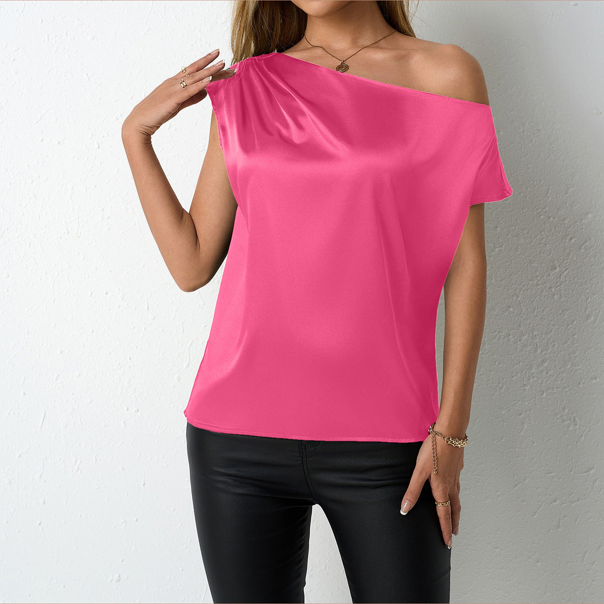 Women Clothing Spring Summer Satin Shirt Artificial Silk Irregular Asymmetric Shoulder off Shoulder Sleeveless Top Bella Mia