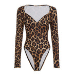 Leopard print V-neck split chest top for women, trendy and figure-flattering, shown in a stylish jumpsuit design.