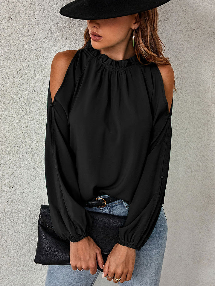 Bella Mia women's long sleeve pleated off-shoulder blouse with a round neck and lotus leaf design in solid autumn winter colors.