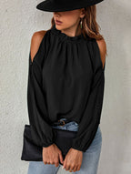 Bella Mia women's long sleeve pleated off-shoulder blouse with a round neck and lotus leaf design in solid autumn winter colors.