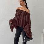 Bella Mia brown chiffon boat neck top with ruffles, off-the-shoulder design, perfect for fall and winter, elegant and loose fit.