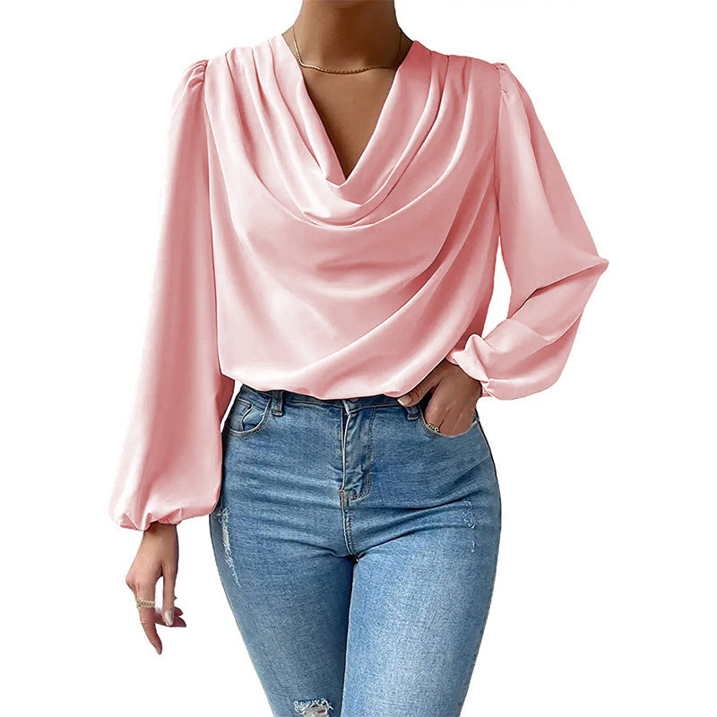 Bella Mia women's long-sleeved loose draped V-neck top, casual shirt with relaxed fit and stylish design.