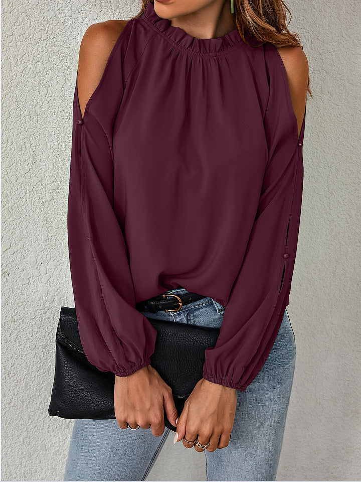 Bella Mia women's solid color lotus leaf round neck long sleeve blouse with pleats and off-shoulder design, perfect for autumn winter fashion.