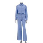 Bella Mia women's two-piece set with striped collared long sleeve shirt and loose wide-leg pants, casual and stylish.